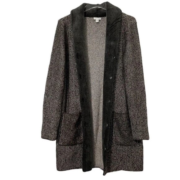 J. Jill Soft Tweed Knit Cardigan Duster Jacket Size L With A Fleece Lined Collar - Picture 1 of 8